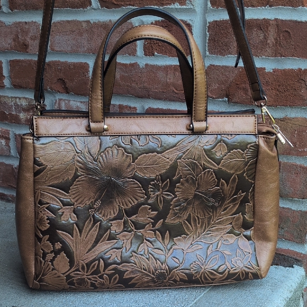 Mellow World | Salome Embossed Floral Cognac Satchel
